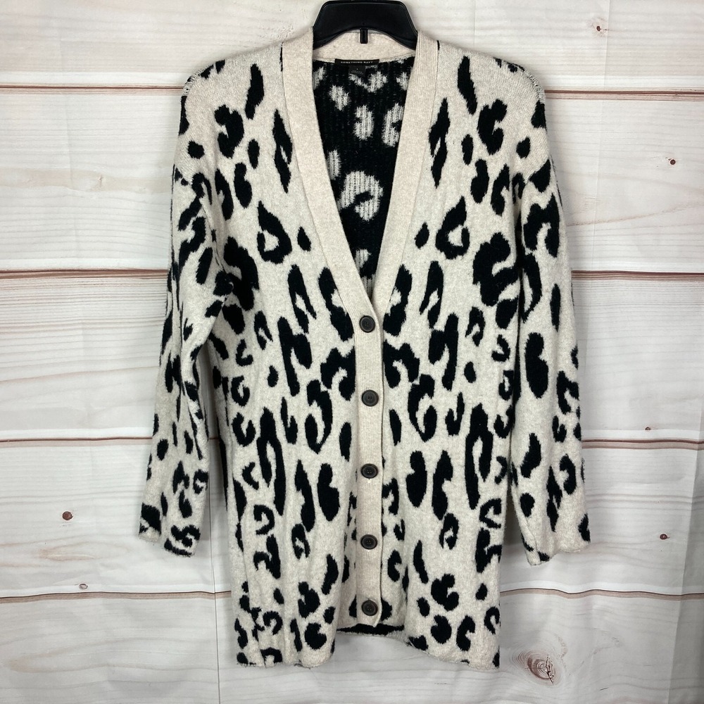Something Navy Sweater Womens L Cheetah Print Tunic Cardigan Long Sleeve Buttons